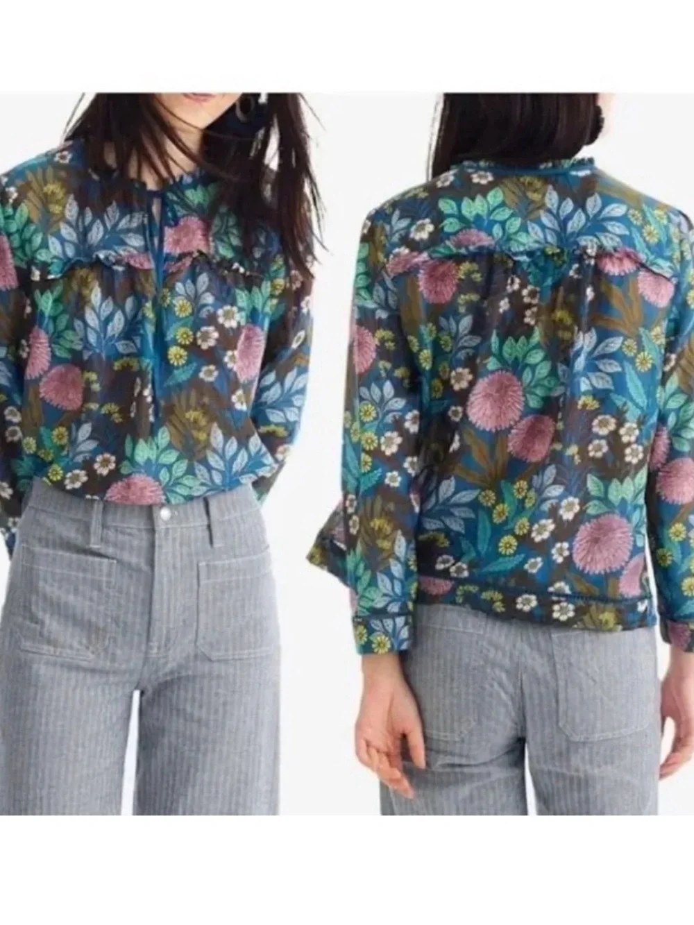J Crew | Abigail Borg Floral Tie-Neck Long Sleeve Semi Sheer Prairie Top| Sz XS